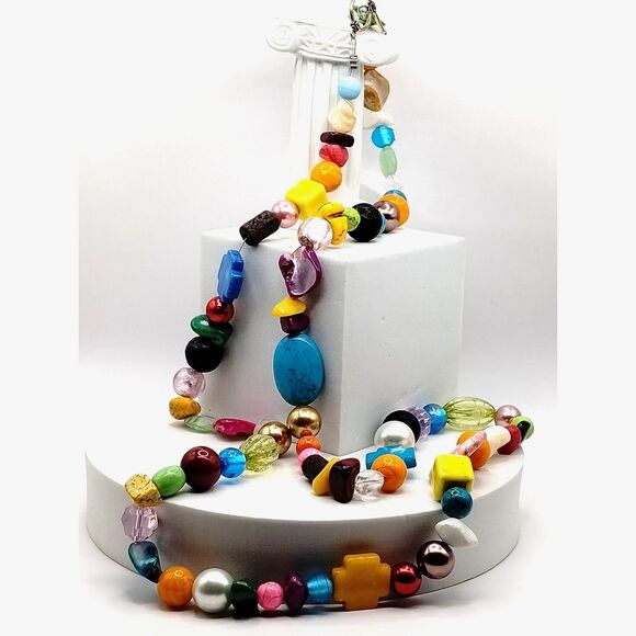 Mixed Media Glass, Natural Stone, Lucite, Shell Candy Colors Strand 41" Necklace - Picture 1 of 5